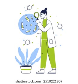 Female lab worker. Chemistry lab scientist, biotechnology medical laboratory development and researching flat vector illustration. Chemical scientific scene