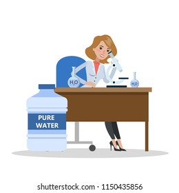 Female lab worker making water research using different equipment. Isolated flat vector illustration