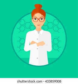 Female laboratory assistant with hands crossed. Confident laboratory assistant on a blue background with molecular structure. Vector flat design illustration in the circle isolated on background.