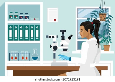 A female laboratory assistant sits at a table in the laboratory and works with a microscope. Medical laboratory. Colorful flat vector illustration.