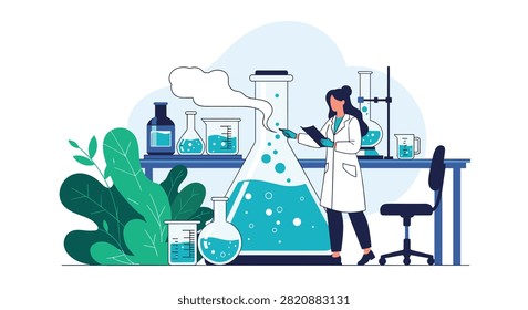 Female laboratory chemist examining a large smoking test flask filled with bubbling blue chemical liquid.