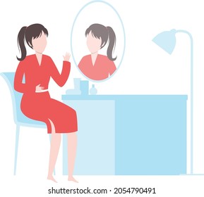 A female lady sitting on a chair seeing herself in the mirror.