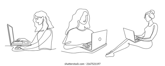 Female with laptop. Continuous line businesswoman working with notebook computer, woman freelancer character and online work vector illustration set of female with laptop work in office linear style