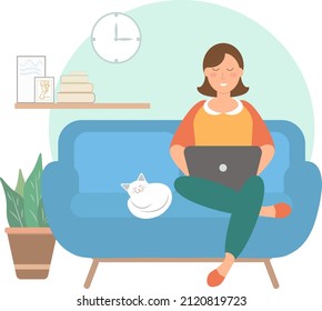 Female with laptop in sofa vector illustration girl in casual clothes work online communication study meeting online. Freelance work from home, student girl sitting in sofa with white cat at home
