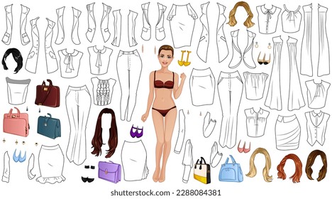 Female Lawyer Coloring Page Paper Doll with Beautiful Lady, Outfits, Hairstyles and Accessories. Vector Illustration