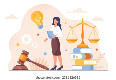 Female lawyer concept. Woman at background of scales and judge gavel. Jurispridence and law. Legal support of deals and agreements. Cartoon flat vector illustration isolated on white background