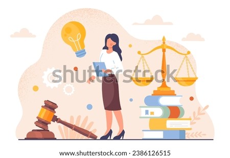 Female lawyer concept. Woman at background of scales and judge gavel. Jurispridence and law. Legal support of deals and agreements. Cartoon flat vector illustration isolated on white background