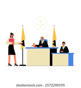 Female Lawyer Presenting Case To Judges In Flat Vector Illustration Symbolizing Justice, Courtroom Proceedings, And Legal System, Isolated On White Background