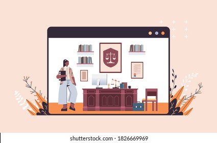 Female Lawyer Standing Near At Workplace Legal Law Advice And Justice Concept Modern Office Interior Full Length Horizontal Copy Space Vector Illustration