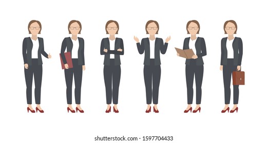 Female lawyer in suit standing in diverse poses. Vector.