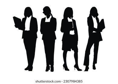 Female lawyers and counselors standing in different position silhouette set vectors. Girl lawyer with anonymous faces. Counselors wearing suits silhouette collection. Lawyer girl silhouette.