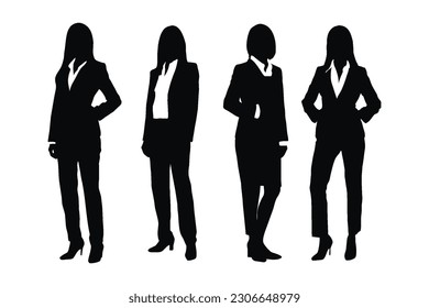 Female lawyers standing and wearing uniforms silhouette collection. Anonymous woman counselor and lawyer silhouette set vector. Female lawyer models with anonymous faces silhouette bundle.