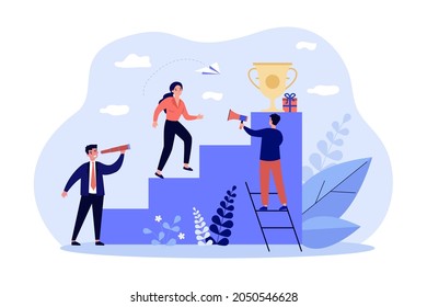 Female leader climbing up career ladder to golden cup. Corporate people working in team, achieving success, progress in challenge. Leadership concept for banner, website design or landing web page