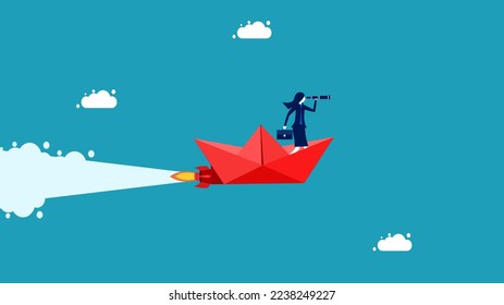 Female Leader Flying in Paper Boat Looking for Business Opportunity