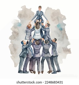 A female leader leads her male colleagues in a human pyramid. Illustration of the potential of women leaders with a watercolor vector style, to guarantee success.