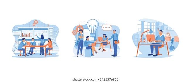 Female leader speaking at the board. Business team discussing ideas for business development. Focus on working with computers. Set Flat vector illustration.