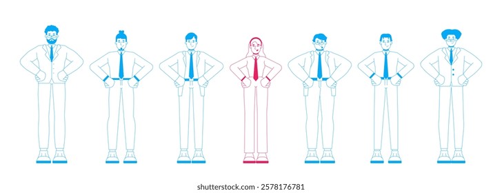 Female leader standing out in business team 2D illustration concept. Corporate diversity. Gender representation in workplace cartoon characters isolated on white. Metaphor abstract flat vector graphic