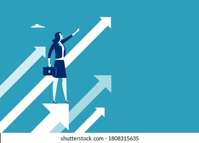 Female leader stands on arrow and points in upward direction. Concept business illustration.