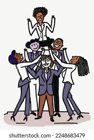 A female leader surrounded by her colleagues in a pyramid, demonstrating female leadership in business. A striking illustration and motif for a multitude of applications.