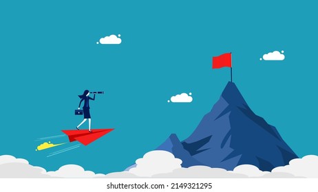 Female leaders look for future success. Business Woman pointing the direction towards a goal. progressive concept