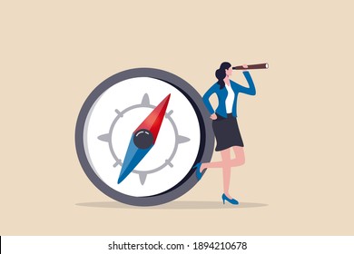 Female leadership, woman vision to lead direction, gender equality to embrace woman in business management concept, smart businesswoman standing with big compass look through spyglass or telescope.