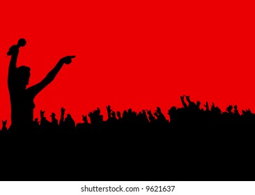 female leading the crowd at a rock concert on a red background