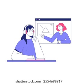 Female Learning Geometry With Virtual Teacher In Flat Vector Illustration Symbolizing Online Education, Mathematical Skills, And Interactive Learning, Isolated On White Background.