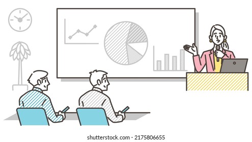 Female lecturer explaining a screen at a seminar training session [Vector illustration].