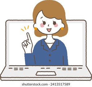 A female lecturer looking at a computer monitor. A businessman giving an explanation at an online seminar.
