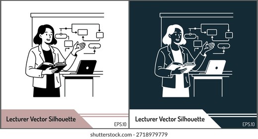 Profesora femenina que enseña y presenta la lección con la Ilustración vectorial del ordenador portátil