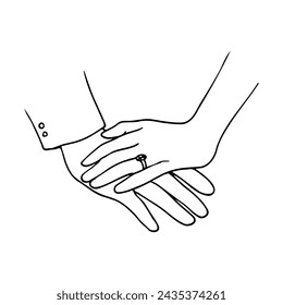 female left hand with a ring on the ring finger lies on top of the male one. hand drawn illustration of man and woman hand svg