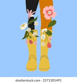 Female leg, including a prosthetic leg, styled in boots with floral details and high socks, showcasing cool and trendy footwear	