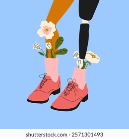 Female leg, including a prosthetic leg, styled in boots with floral details and high socks, showcasing cool and trendy footwear	