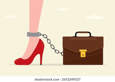 Perna feminina em sapatos de salto alto acorrentados à pasta gigante. Mulher viciada em trabalho com vício no trabalho. Mulheres perna com grilhões. Empresária, funcionária. Escravidão corporativa. ilustração vetorial plana