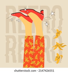 Female legs in banana pants. Retro 70s vector colorful design. Flat cartoon illustration. 
