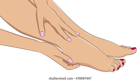 Female legs barefoot, side view. Woman hands doing feet massage or applying cream. Colored manicure and pedicure. Design element for spa centers or cosmetic products. Vector illustration isolated. 