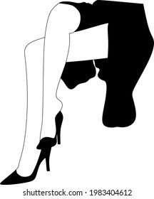 Female legs in black sandals and dress. Part of the figure of female model. Fashionable woman. Black and white. Linear vector.