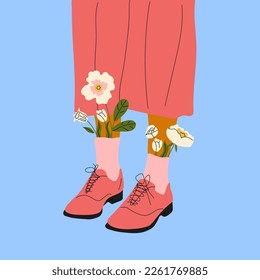 Female legs in the boots. Cool footwear with flowers. High socks . Hand drawn vector colored trendy fashion illustration. Flat design