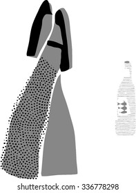 Female legs and bottle  top view vector doodle illustration isolated on white. 