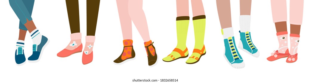 Female legs in casual shoes and socks: sneakers, loafers, sloppers, flats, pumps, sandals, isolated on white background. Flat cartoon colorful vector illustration.