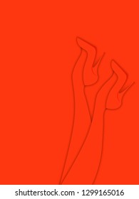 Female legs close up. Women's legs dressed in classic high-heeled shoes. Abstract coral background. The color of the year 2019 Live Coral. 3D vector illustration. Paper cut out style.