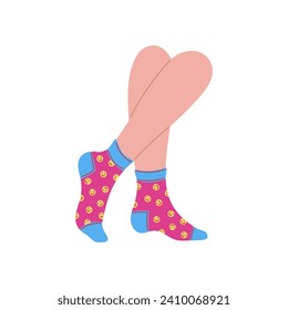 Female legs in colorful ankle socks with funny odd design, flat cartoon vector illustration isolated on white background. Cozy short cotton socks on feet.