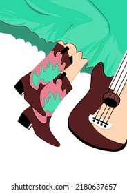 Female legs in cowboy boots. Guitar. Skirt in country style. Concept of  music festival, wester. Vector illustration.