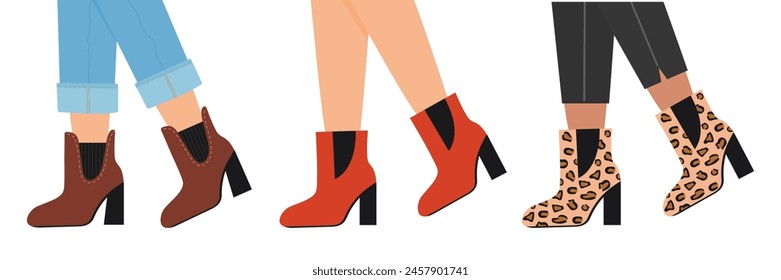 Female legs in different color leather boots