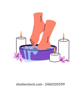 Piernas femeninas en baño de pies con velas. Niña sostiene sus pies en el lavabo de agua, se preocupa por el bienestar. Mujer vaporiza piel, uñas de los pies antes de pedicura en el spa. Ilustración vectorial plana aislada sobre blanco