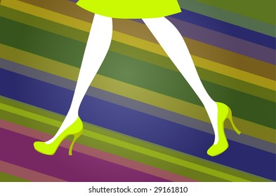 Female legs in green shoes on a background from  Multi-coloured strips