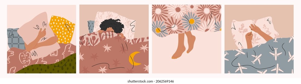 Female Legs, hands and head sticking out from under the blanket. Person sleeping under soft cozy blanket. Morning in bed, coziness, relaxation concept. Set of four Hand drawn Vector illustrations