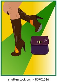 Female legs in high-heeled boots and a bag placed on the green against a yellow background