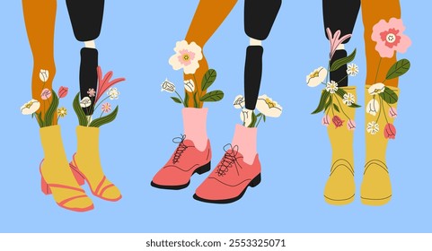 Weibliche Beine, einschließlich einer Beinprothese, in Stiefeln mit floralen Details und hohen Socken gestylt, zeigt coole und trendige Schuhe