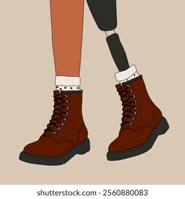 Female legs, including a prosthetic leg, wearing stylish in stylish boots and socks. A showcase of fashion, style, clothing, and accessories